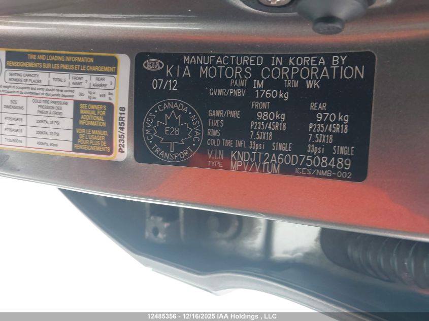 2013 Kia Soul 2.0L 2U/2.0L 4U/2.0L 4U Burner/2.0L 4U Luxury/2.0L 4U Retro VIN: KNDJT2A60D7508489 Lot: 12485356