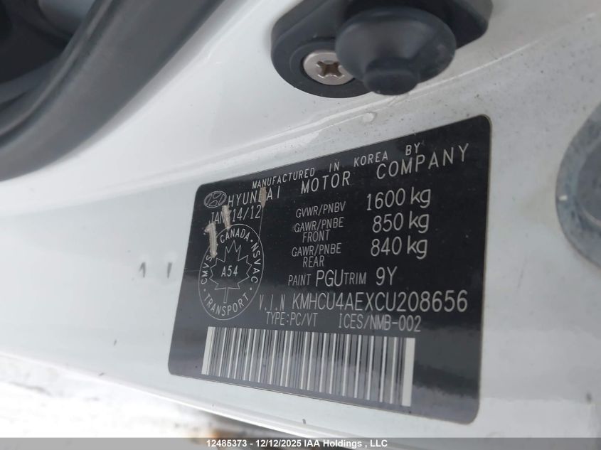 2012 Hyundai Accent VIN: KMHCU4AEXCU208656 Lot: 12485373