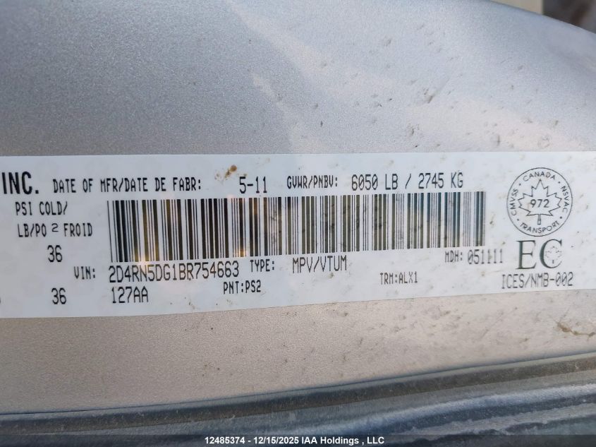 2011 Dodge Grand Caravan Crew VIN: 2D4RN5DG1BR754663 Lot: 12485374