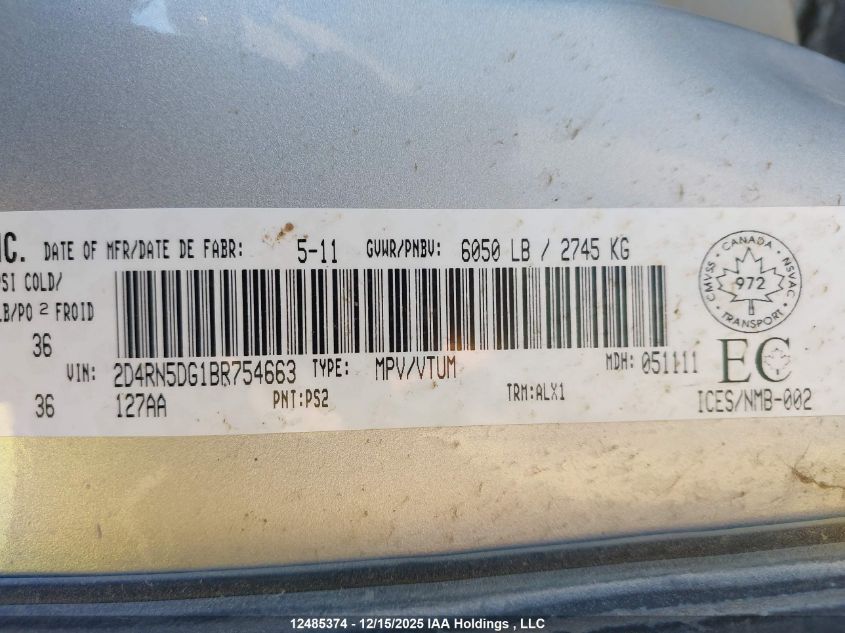 2011 Dodge Grand Caravan Crew VIN: 2D4RN5DG1BR754663 Lot: 12485374