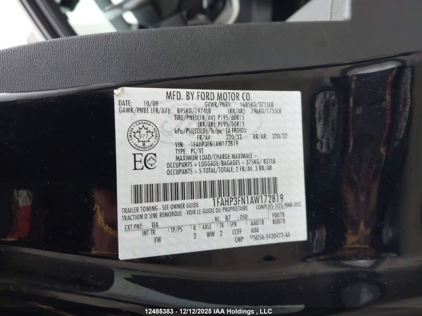 2010 Ford Focus Se VIN: 1FAHP3FN1AW172819 Lot: 12485383