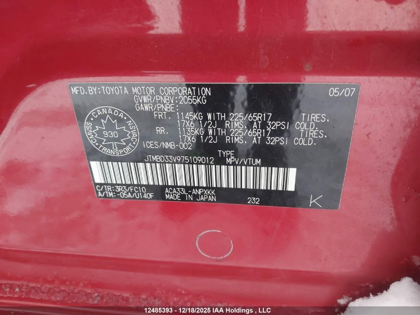 2007 Toyota Rav4 VIN: JTMBD33V975109012 Lot: 12485393
