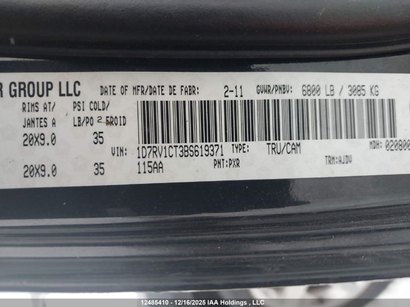 2011 Dodge Ram 1500 VIN: 1D7RV1CT3BS619371 Lot: 12485410