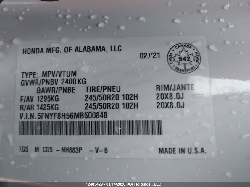 2021 Honda Passport Ex-L VIN: 5FNYF8H56MB500848 Lot: 12485429