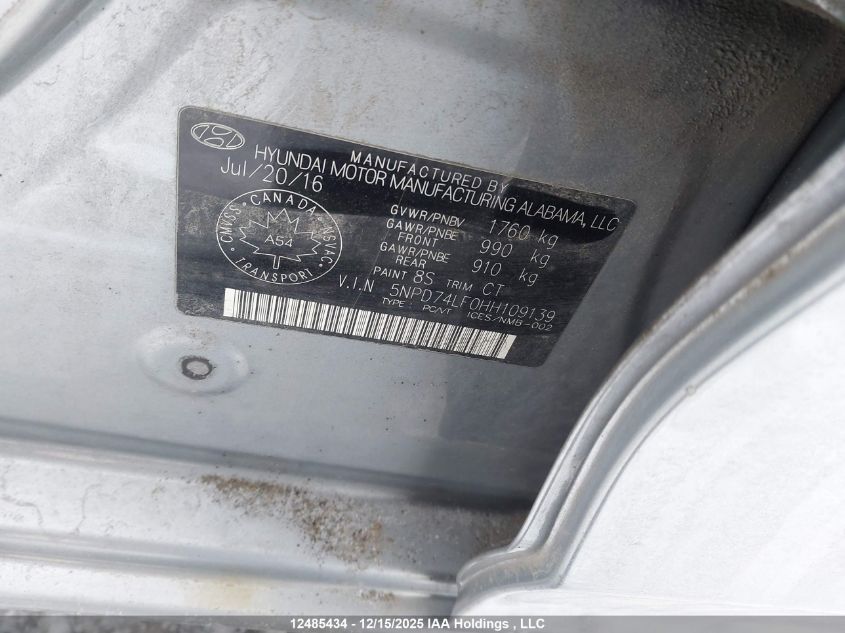 2017 Hyundai Elantra L VIN: 5NPD74LF0HH109139 Lot: 12485434