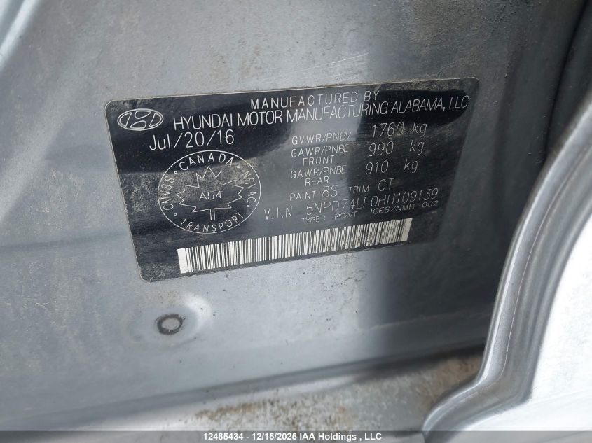 2017 Hyundai Elantra L VIN: 5NPD74LF0HH109139 Lot: 12485434