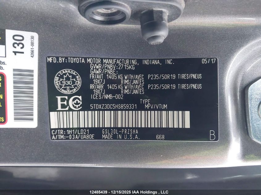 2017 Toyota Sienna Se 8 Passenger VIN: 5TDXZ3DC5HS859331 Lot: 12485439