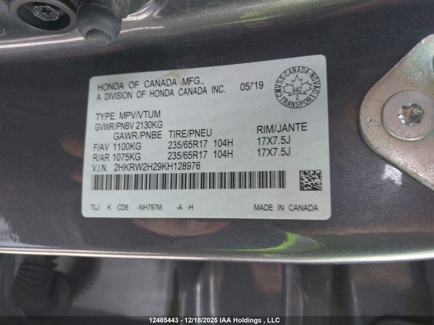 2019 Honda Cr-V Lx VIN: 2HKRW2H29KH128976 Lot: 12485443