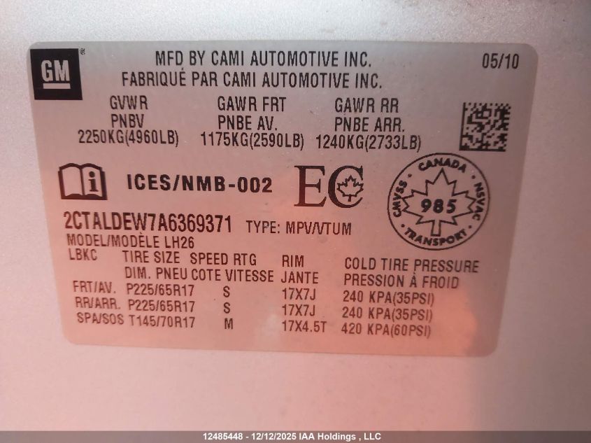 2010 GMC Terrain VIN: 2CTALDEW7A6369371 Lot: 12485448