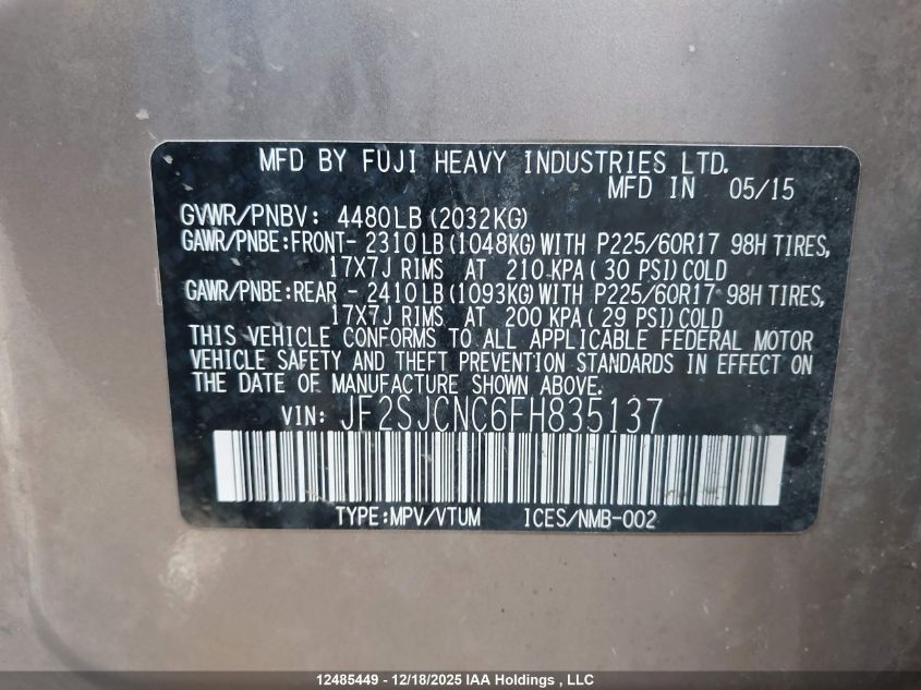 2015 Subaru Forester 2.5I VIN: JF2SJCNC6FH835137 Lot: 12485449
