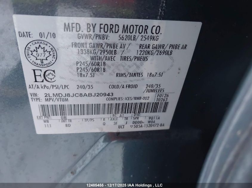 2010 Lincoln Mkx VIN: 2LMDJ8JC8ABJ20943 Lot: 12485455