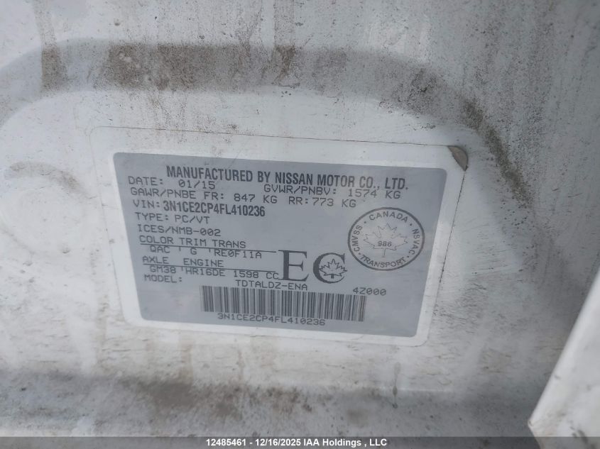 2015 Nissan Versa Note 1.6 S/1.6 Sl/1.6 Sr/1.6 Sv VIN: 3N1CE2CP4FL410236 Lot: 12485461