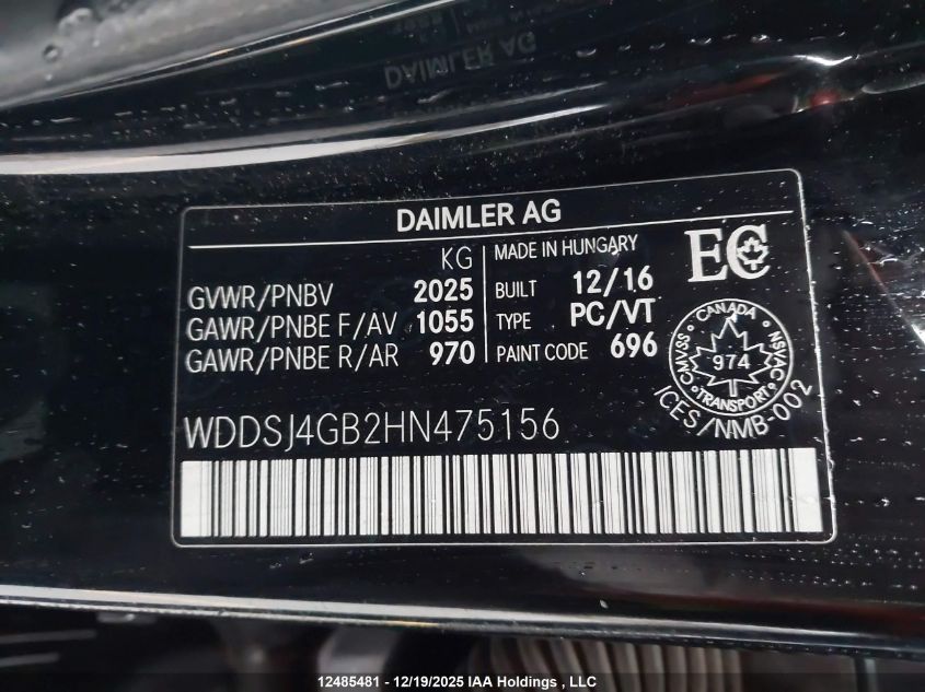 2017 Mercedes-Benz Cla VIN: WDDSJ4GB2HN475156 Lot: 12485481