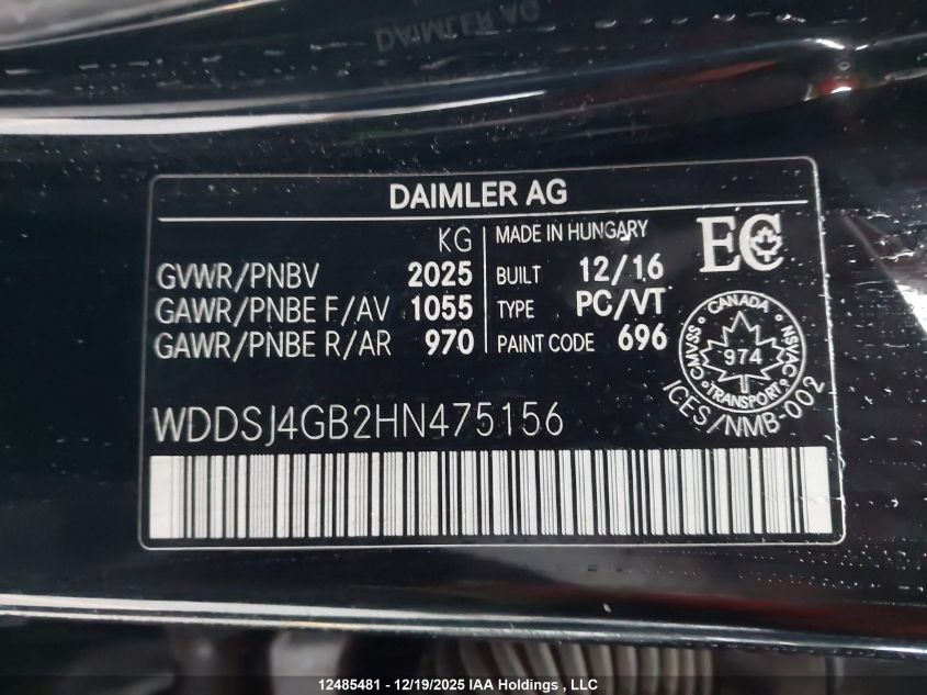 2017 Mercedes-Benz Cla VIN: WDDSJ4GB2HN475156 Lot: 12485481