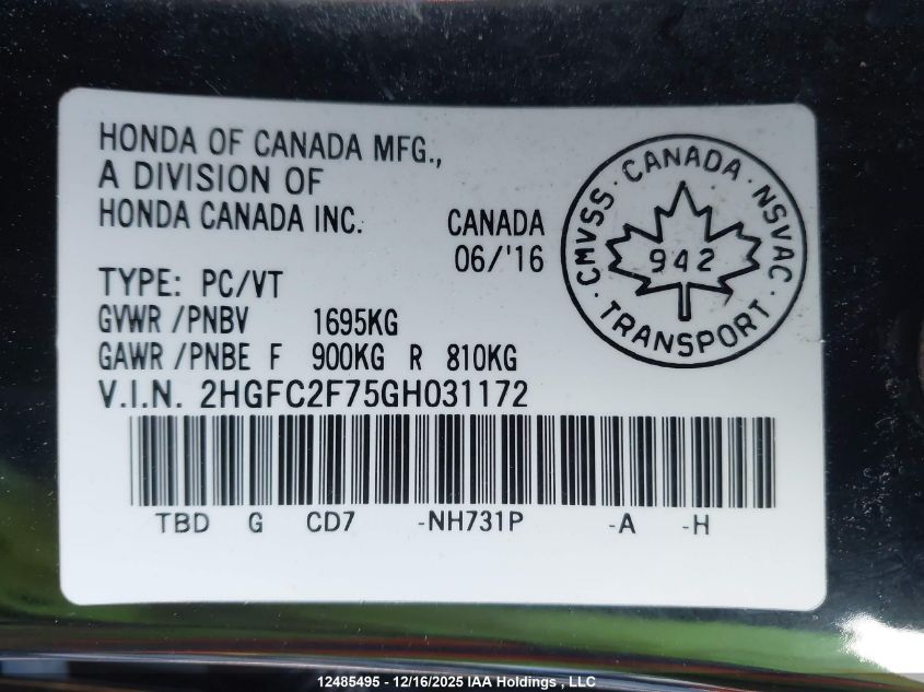 2016 Honda Civic Ex 4Dr VIN: 2HGFC2F75GH031172 Lot: 12485495