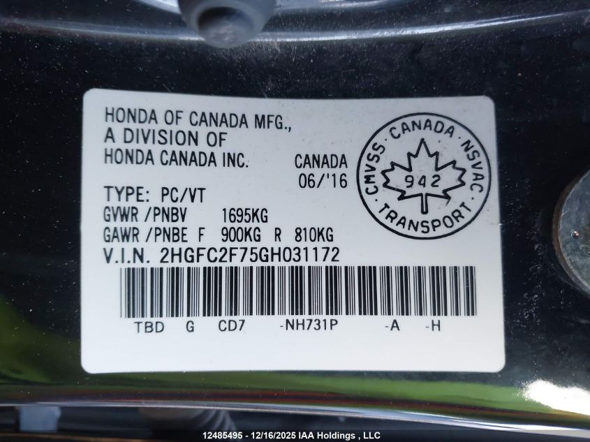 2016 Honda Civic Ex 4Dr VIN: 2HGFC2F75GH031172 Lot: 12485495