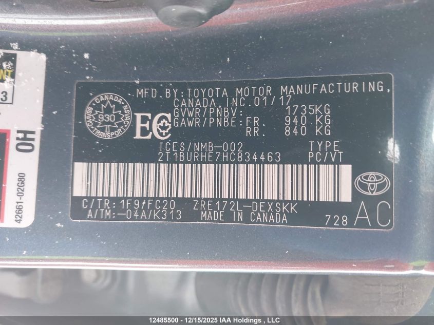2017 Toyota Corolla VIN: 2T1BURHE7HC834463 Lot: 12485500