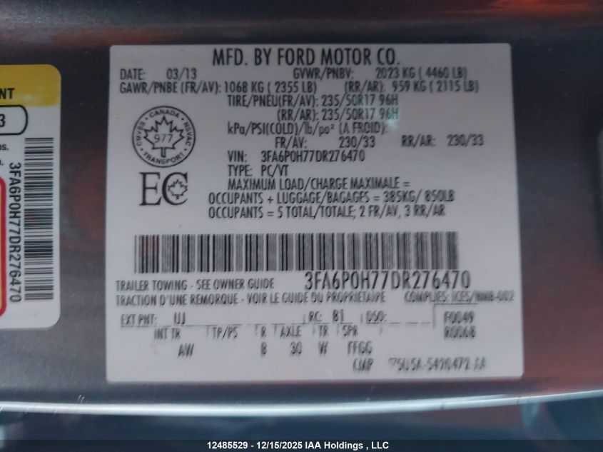 2013 Ford Fusion Se VIN: 3FA6P0H77DR276470 Lot: 12485529