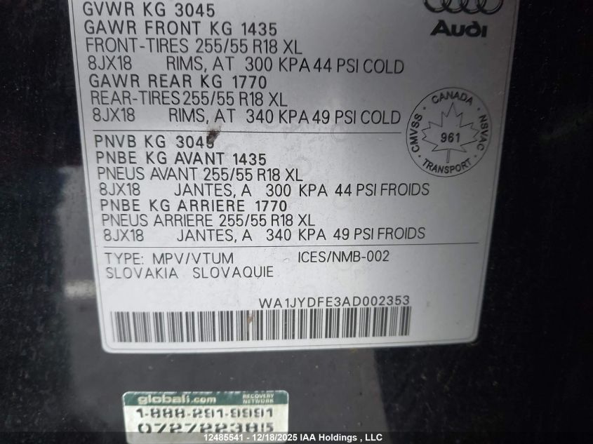 2010 Audi Q7 Premium VIN: WA1JYDFE3AD002353 Lot: 12485541