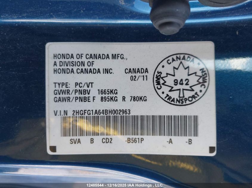 2011 Honda Civic Se VIN: 2HGFG1A64BH002963 Lot: 12485544
