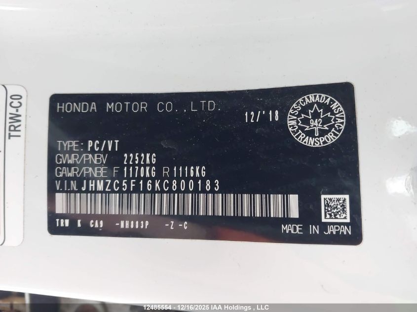 2019 Honda Clarity Plug-In Hybrid VIN: JHMZC5F16KC800183 Lot: 12485554