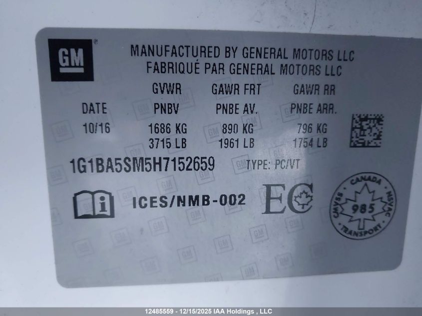 2017 Chevrolet Cruze L VIN: 1G1BA5SM5H7152659 Lot: 12485559