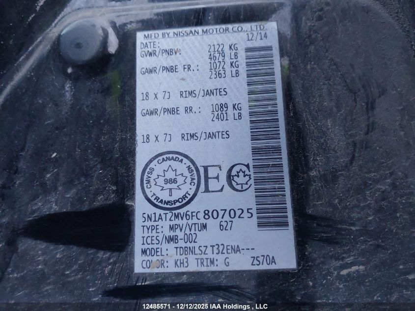 2015 Nissan Rogue S/Sl/Sv VIN: 5N1AT2MV6FC807025 Lot: 12485571