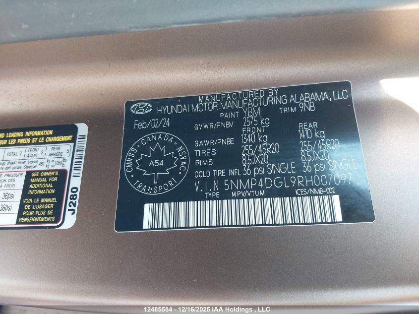 2024 Hyundai Santa Fe Luxury VIN: 5NMP4DGL9RH007097 Lot: 12485584