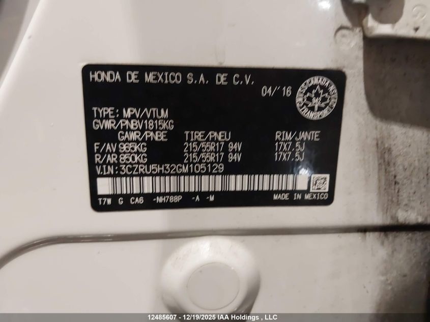 2016 Honda Hr-V Lx VIN: 3CZRU5H32GM105129 Lot: 12485607