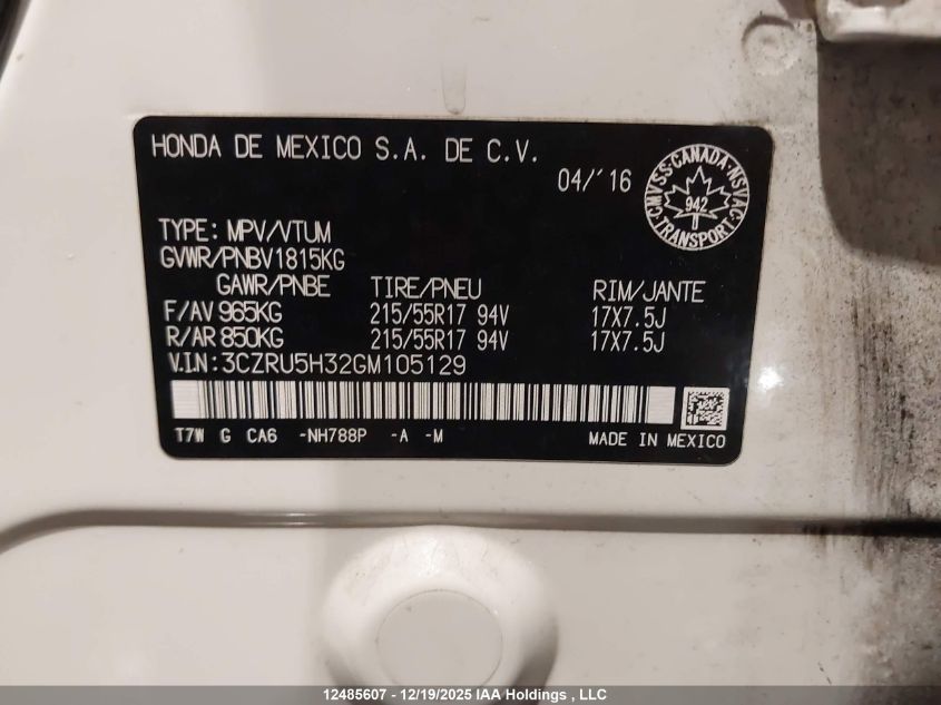 2016 Honda Hr-V Lx VIN: 3CZRU5H32GM105129 Lot: 12485607