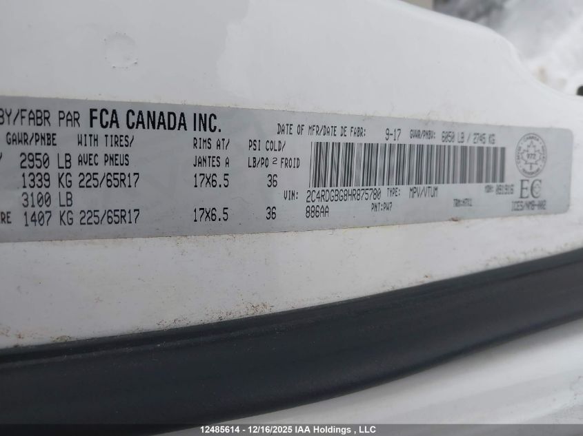 2017 Dodge Grand Caravan Se VIN: 2C4RDGBG8HR875780 Lot: 12485614