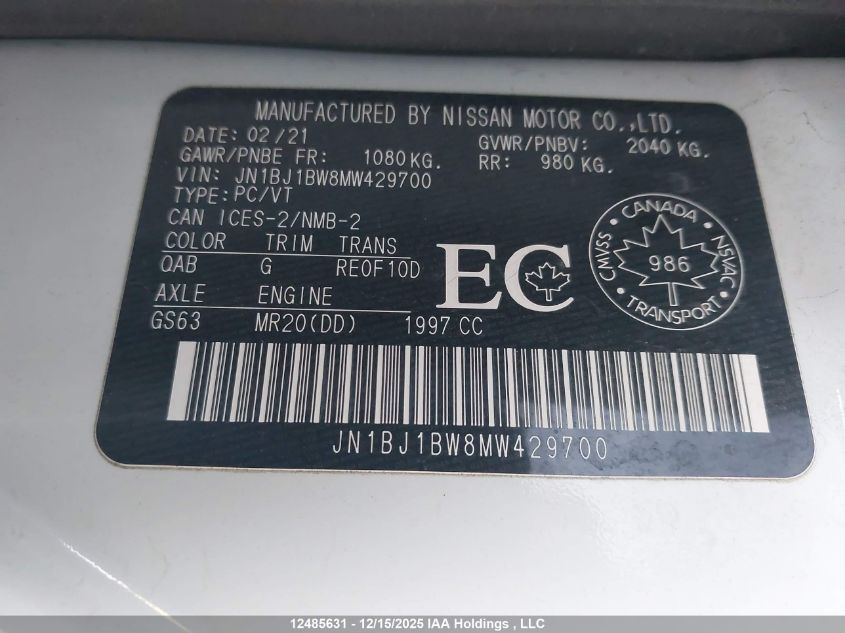 2021 Nissan Qashqai S/Sl/Sv VIN: JN1BJ1BW8MW429700 Lot: 12485631