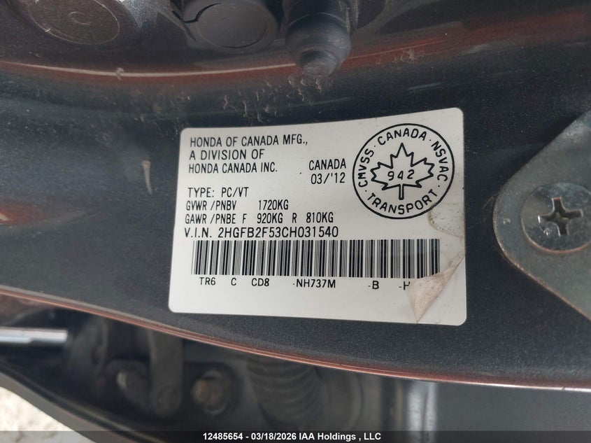 2012 Honda Civic Ex VIN: 2HGFB2F53CH031540 Lot: 12485654