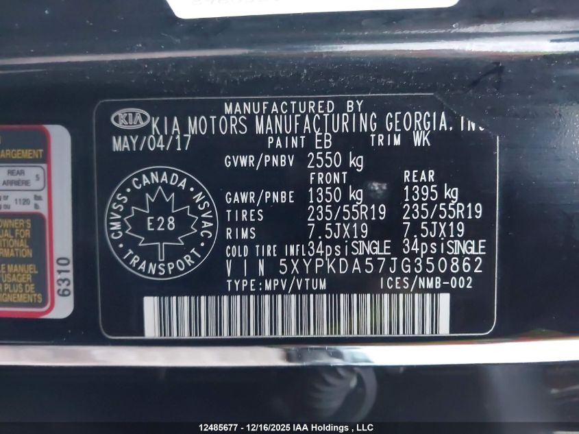 2018 Kia Sorento 3.3L Sx/3.3L Sxl VIN: 5XYPKDA57JG350862 Lot: 12485677