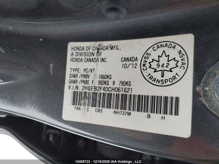 2012 Honda Civic Lx VIN: 2HGFB2F40CH061621 Lot: 12485723