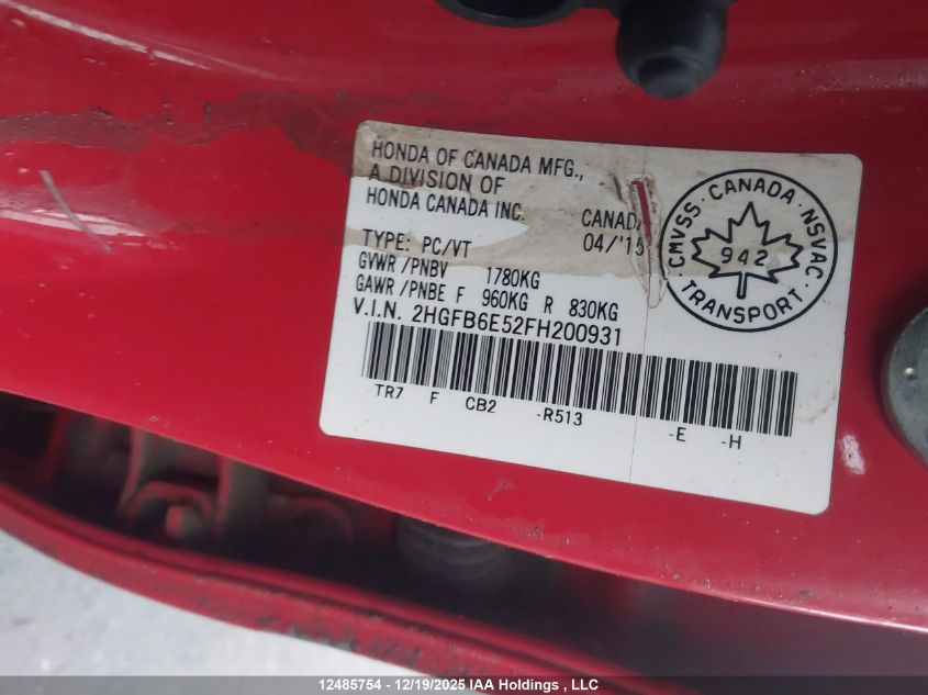 2015 Honda Civic Si Si VIN: 2HGFB6E52FH200931 Lot: 12485754