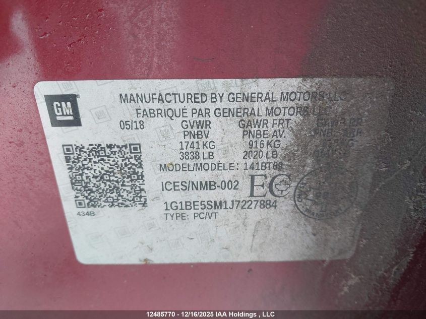 2018 Chevrolet Cruze VIN: 1G1BE5SM1J7227884 Lot: 12485770