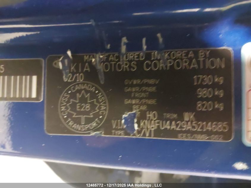 2010 Kia Forte 2.0L Ex VIN: KNAFU4A29A5214685 Lot: 12485772