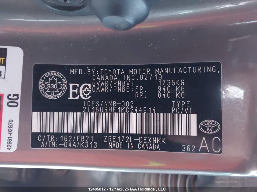 2019 Toyota Corolla Ce/Le/Se VIN: 2T1BURHE1KC244914 Lot: 12485812