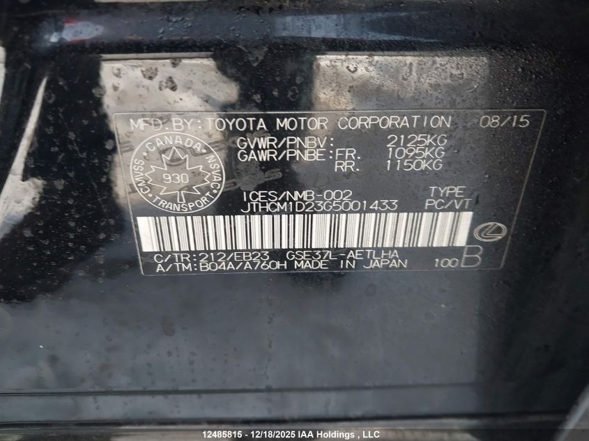 2016 Lexus Is 300 300 VIN: JTHCM1D23G5001433 Lot: 12485815