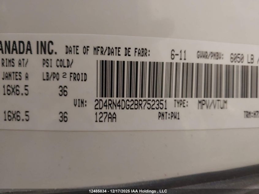 2011 Dodge Grand Caravan Se/Sxt VIN: 2D4RN4DG2BR752351 Lot: 12485834