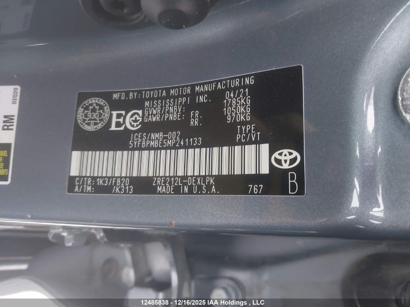 2021 Toyota Corolla Le VIN: 5YFBPMBE5MP241133 Lot: 12485838