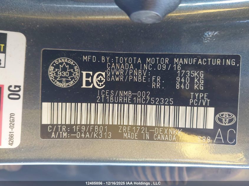 2017 Toyota Corolla Le VIN: 2T1BURHE1HC752325 Lot: 12485856