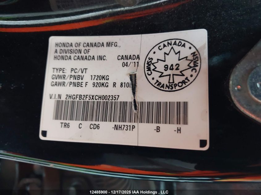 2012 Honda Civic Ex VIN: 2HGFB2F5XCH002357 Lot: 12485900