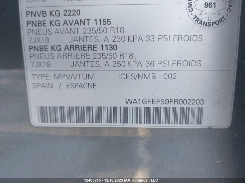 2015 Audi Q3 2.0T Technik VIN: WA1GFEFS9FR002203 Lot: 12485910