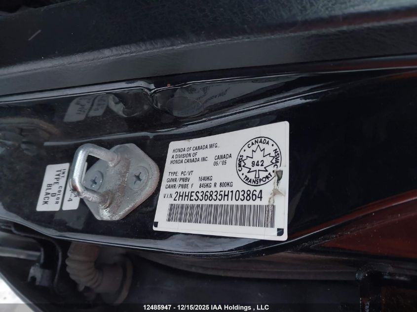 2005 Acura El Premium VIN: 2HHES36835H103864 Lot: 12485947