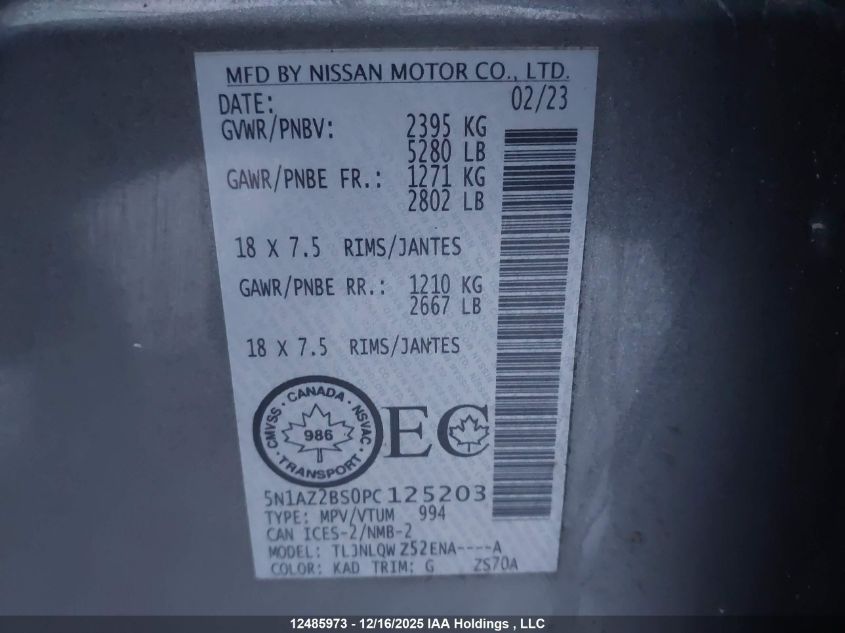 2023 Nissan Murano Sv VIN: 5N1AZ2BS0PC125203 Lot: 12485973