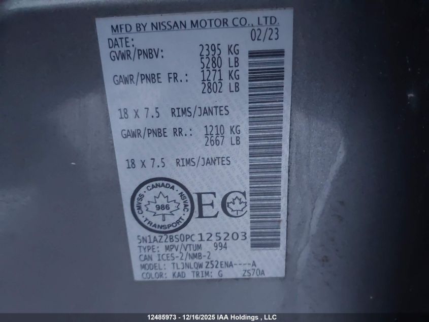 2023 Nissan Murano Sv VIN: 5N1AZ2BS0PC125203 Lot: 12485973