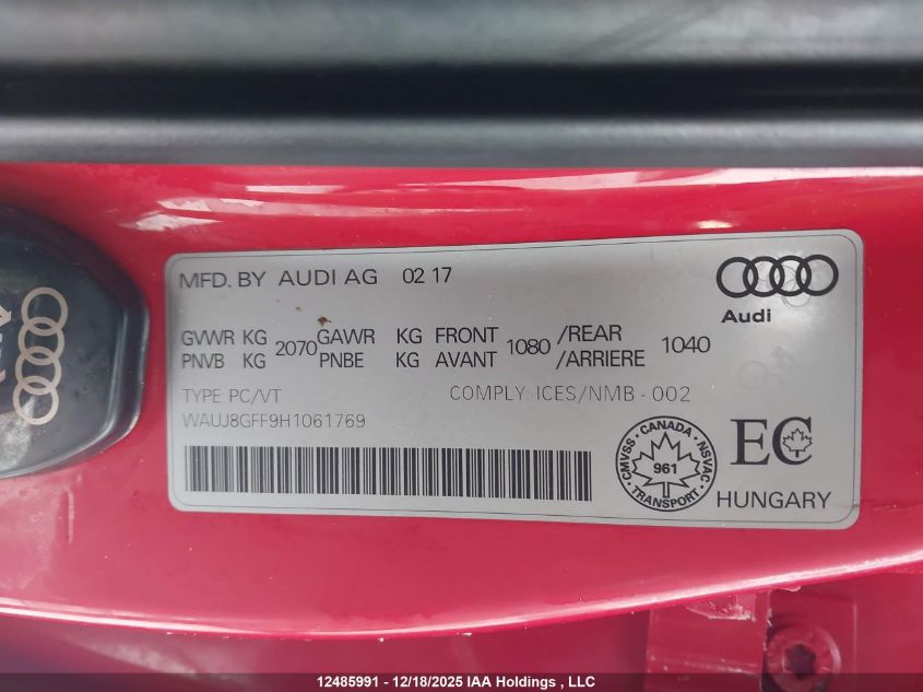 2017 Audi A3 2.0T Progressiv VIN: WAUJ8GFF9H1061769 Lot: 12485991