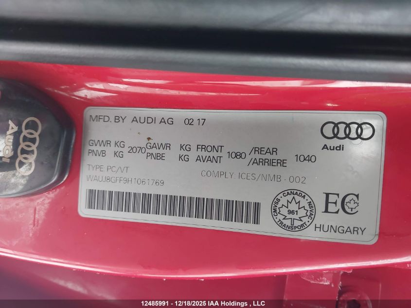 2017 Audi A3 2.0T Progressiv VIN: WAUJ8GFF9H1061769 Lot: 12485991